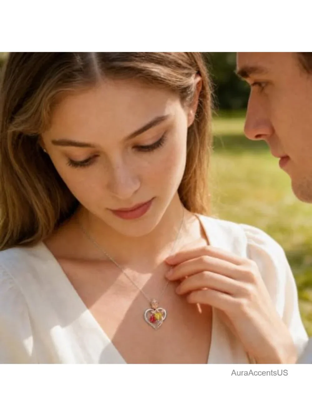 Sterling Silver Heart Birthstone Pendant Necklace, 18K White Gold Plated